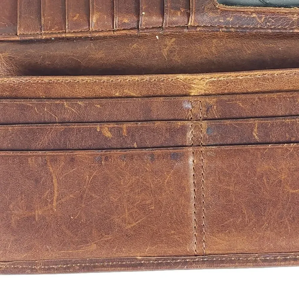 Frye Melissa Continental Cognac Brown Distressed Leather Snap Trifold Wallet - Picture 13 of 13